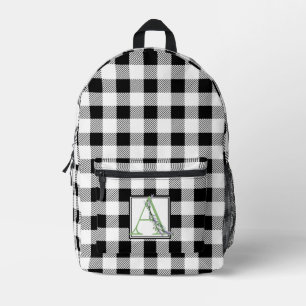 Elegant black white gingham letter A botanical Printed Backpack
