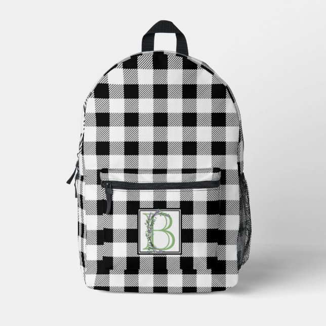 Elegant black white gingham letter B botanical Printed Backpack (Front)