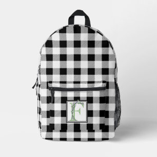 Elegant black white gingham letter F botanical Printed Backpack