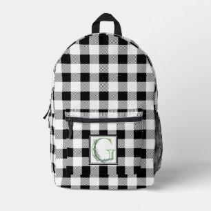 Elegant black white gingham letter G botanical Printed Backpack