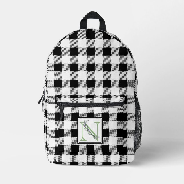 Elegant black white gingham letter N Printed Backpack (Front)