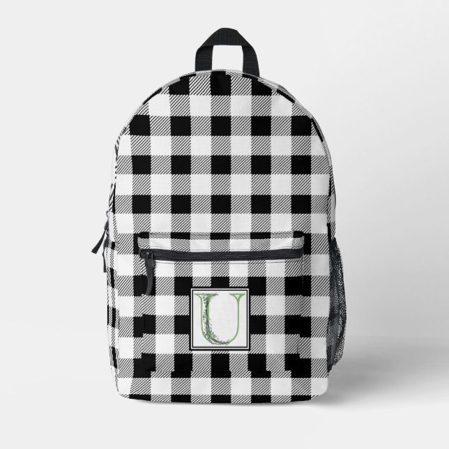 Elegant black white gingham monogram letter U Printed Backpack (Front)