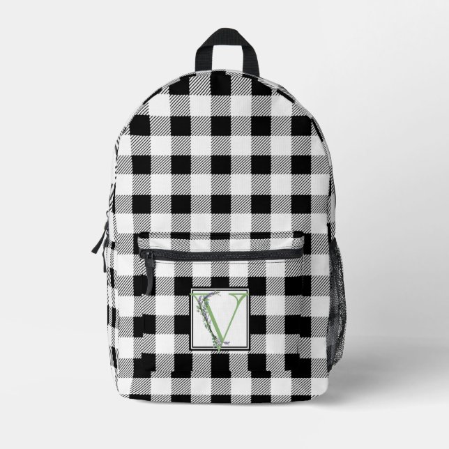 Elegant black white gingham monogram letter V Printed Backpack (Front)