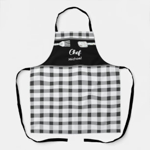Elegant Black White Gingham   Personalized Name  Apron