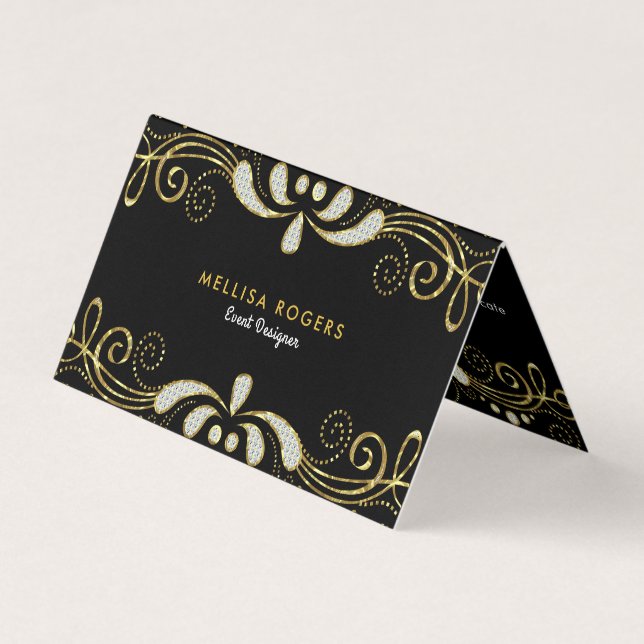 Elegant Black & White Glitter Floral Swirls Lace Business Card (Front)