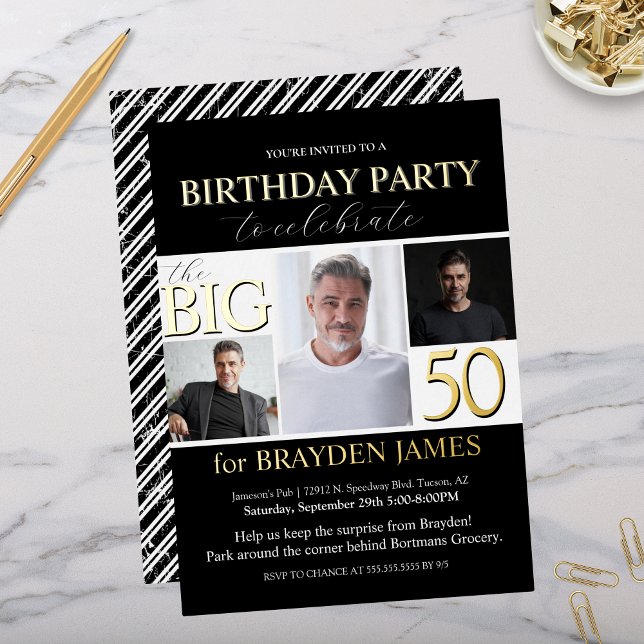 Elegant Black White Gold 50th Birthday Invitation (Elegant black and white with gold foil birthday party invitation with photo collage for 50th 60th)