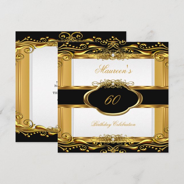 Elegant Black White Gold 60th Birthday Party Invitation (Front/Back)