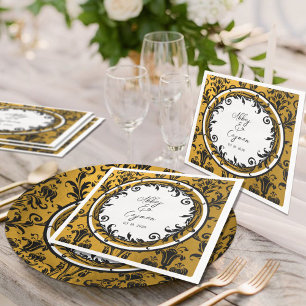 Elegant Black White & Gold Damask Wedding Napkin