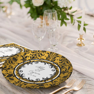 Elegant Black White & Gold Damask Wedding  Paper Plate