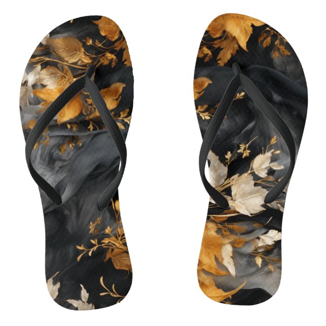 Elegant Black White Gold Floral Repeating Pattern Jandals (Footbed)