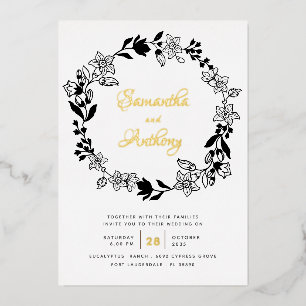 Elegant Black White Gold Floral Wreath Wedding