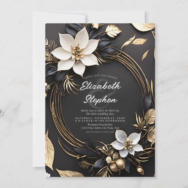 Elegant Black White Gold Floral Wreath Wedding Invitation (Front)