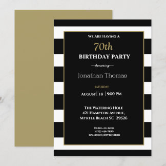 Elegant Black White Gold Mens 70th Birthday Invitation