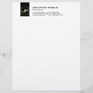 Elegant Black White Gold Monogram Modern Simple Custom Letterhead