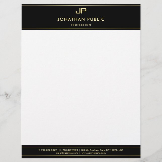 Elegant Black White Gold Monogram Modern Template Custom Letterhead (Front)