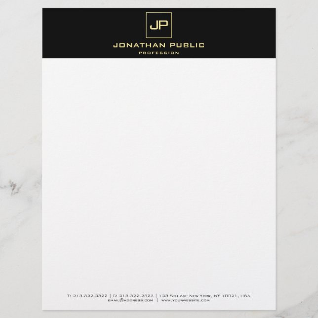 Elegant Black White Gold Monogram Modern Template Custom Letterhead (Front)