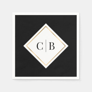 Elegant Black White Gold Monogram Wedding Napkin