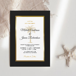 Elegant Black White Gold Palm Tree Modern Wedding Invitation