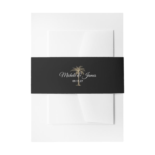 Elegant Black White Gold Palm Tree Modern Wedding Invitation Belly Band (Front Example)