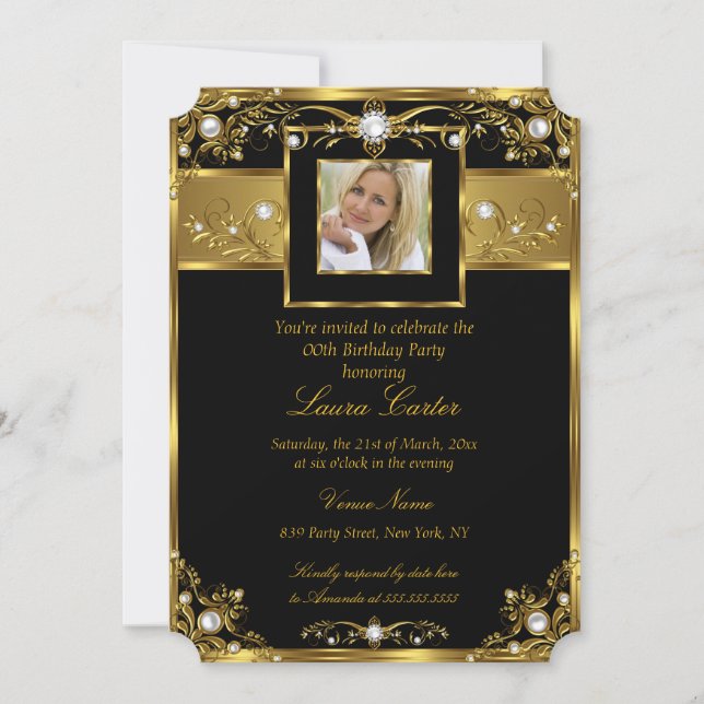 Elegant Black White Gold Pearl Photo Birthday Invitation (Front)