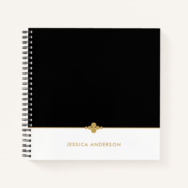Elegant Black White Gold Personalised Notebook (Front)