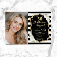 Elegant Black White Gold Photo 50th Birthday