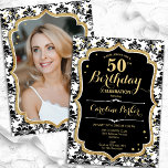 Elegant Black White Gold Photo 50th Birthday Invitation<br><div class="desc">Elegant floral feminine 50th birthday invitation with your photo at the back of the card. Glam black white design with faux glitter gold. Features black and white damask pattern, script font and confetti. Perfect for a stylish adult bday celebration party. Personalise with your own details. Can be customised for any...</div>