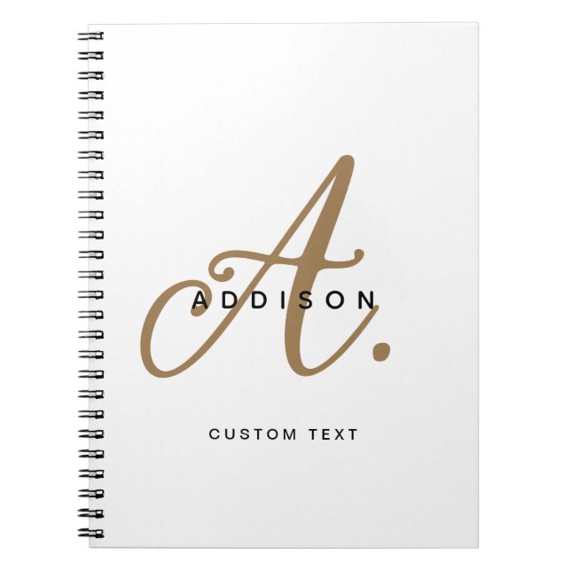 Elegant Black White Gold Script Monogram Notebook (Front)