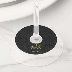 Elegant Black White Gold Simple Wedding Monogram Wine Glass Tag