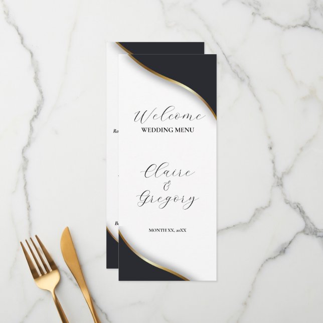 Elegant Black White Gold Wedding Menu (Front/Back In Situ)