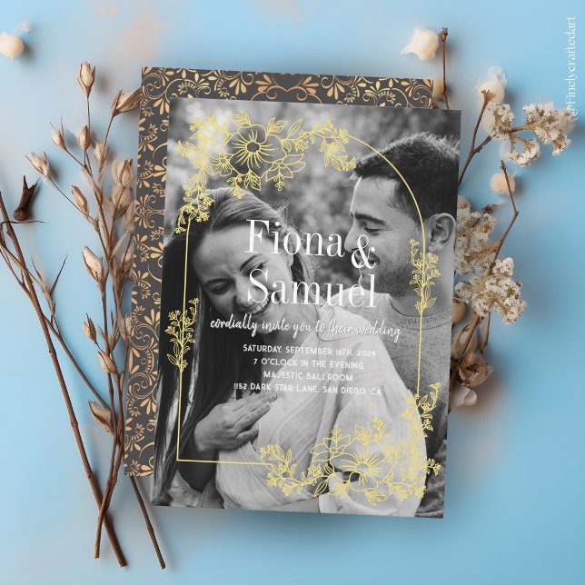 Elegant Black & White Golden Custom Photo Wedding Invitation (Creator Uploaded)