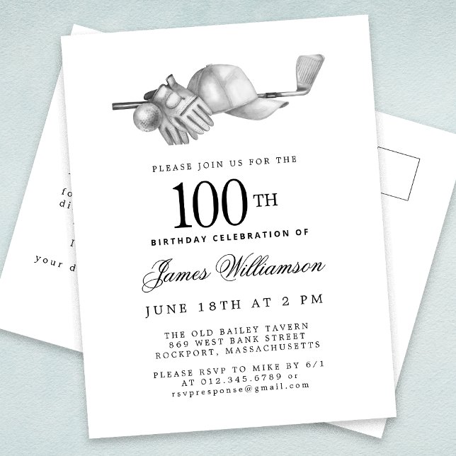 Elegant Black White Golf 100th Birthday Party  Invitation Postcard (Creator Uploaded)