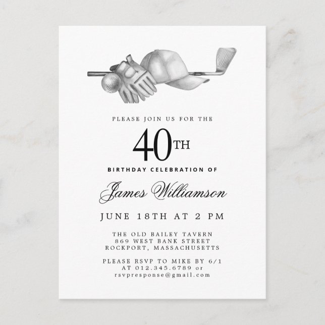 Elegant Black White Golf 40th Birthday Party  Invitation Postcard (Front)
