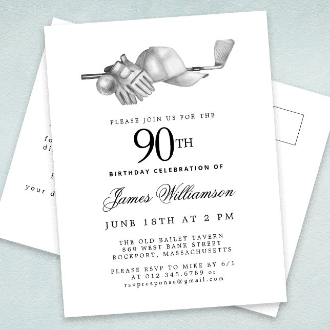Elegant Black White Golf 90th Birthday Party  Invitation Postcard (Creator Uploaded)