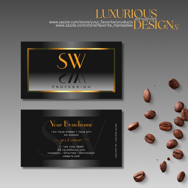 Elegant Black White Gradient Orange Frame Monogram Business Card (Creator Uploaded)