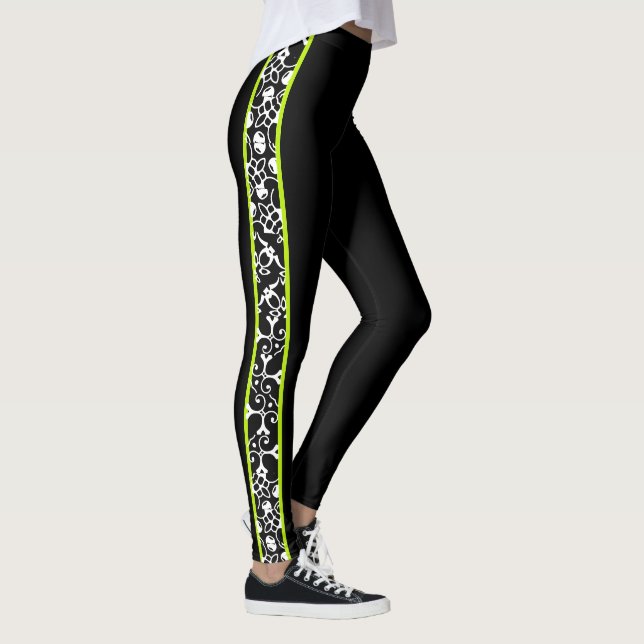 Elegant Black White Green Stylish Modern Swirls Leggings (Right)