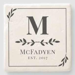 Elegant Black & White Greenery Monogram Stone Coaster