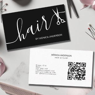 Elegant Black White Hair Script Scissors QR Code Business Card