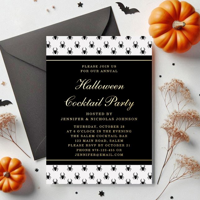 Elegant Black White Halloween Cocktail Party Gold  (Elegant Black White Halloween Cocktail Party Gold Foil Invitation)