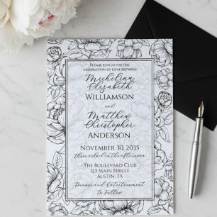 Elegant Black White Hand-Drawn Floral Wedding  Invitation