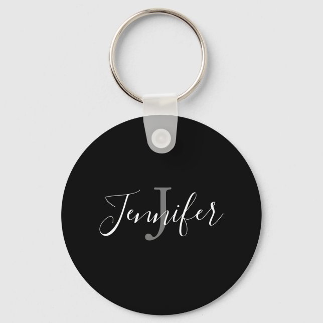 Elegant Black White Hand Lettered Script Monogram Key Ring (Front)