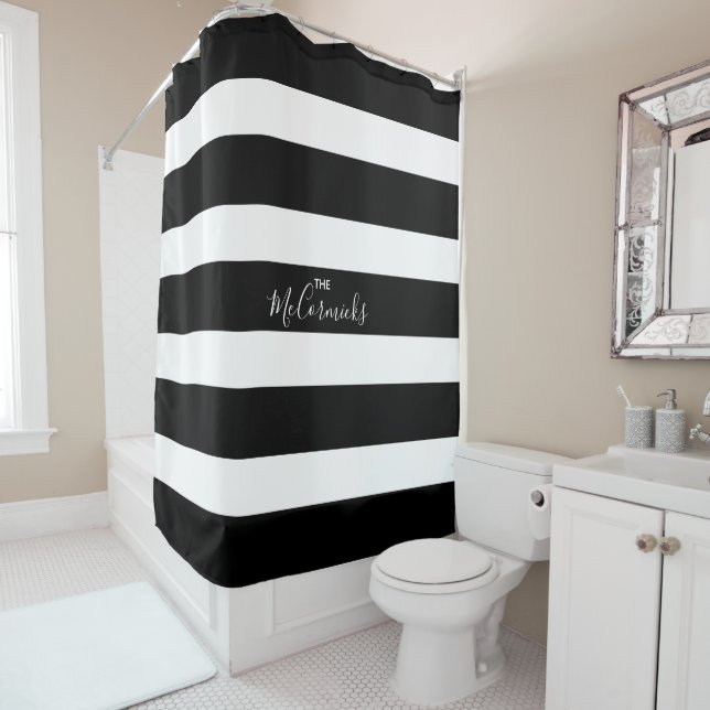 Elegant Black White Hand Lettering Family Name Shower Curtain (In Situ)