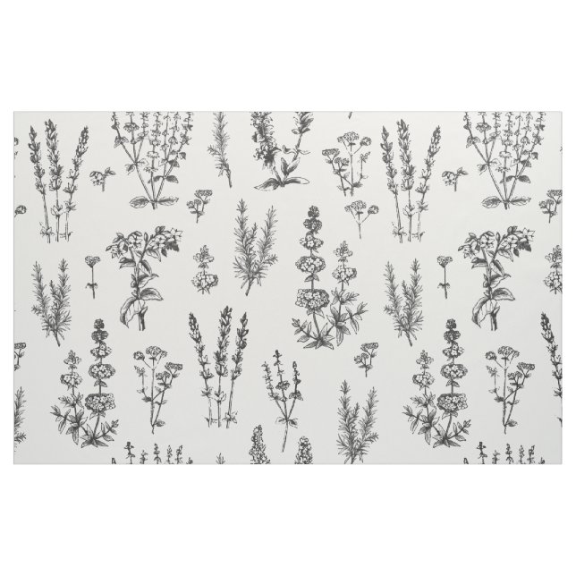 Elegant Black White Herbal Garden Pattern Fabric (Fat Quarter)