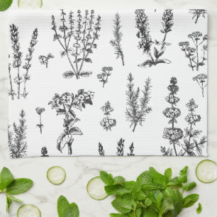 Elegant Black White Herbal Garden Pattern Tea Towel