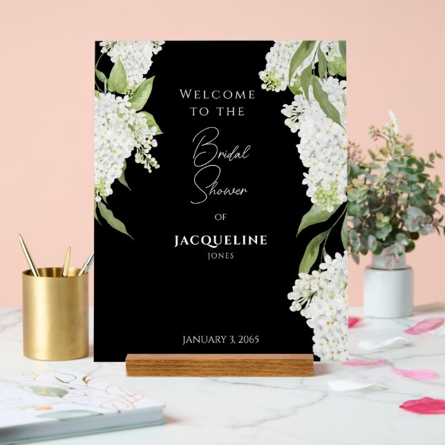 Elegant Black White Hydrangeas Shower Welcome Acrylic Sign (Wedding)