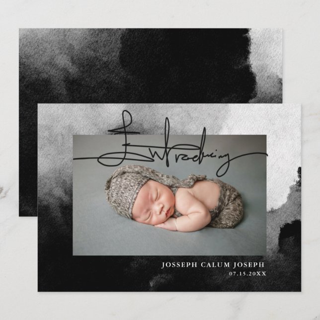 Elegant Black White Introducing Script Photo Baby Announcement (Front/Back)