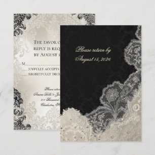Elegant Black White Lace Wedding RSVP Card