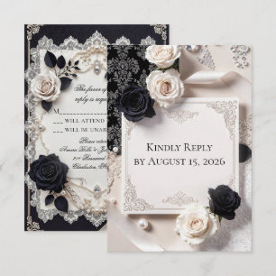Elegant Black White Lace Wedding RSVP Card