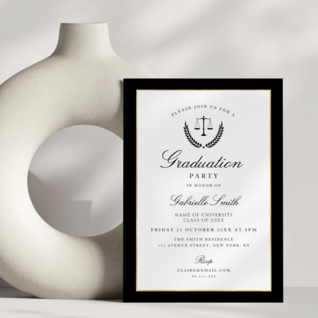 Elegant black & white law school graduation party invitation (Creator Uploaded)