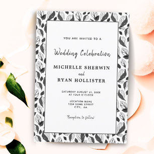 Elegant Black White Leaf Pattern Botanical Wedding Invitation